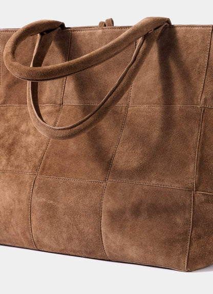 Tan Suede Woven Tote Bag