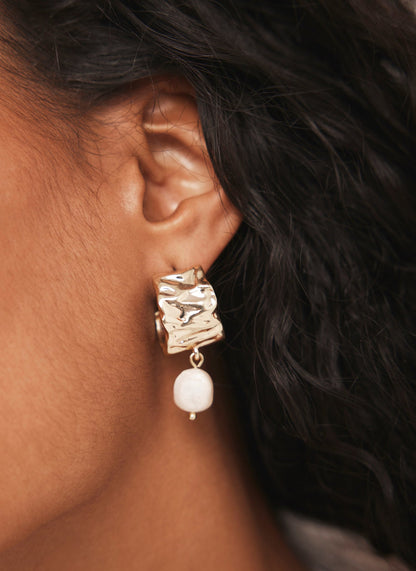 Gold Tone Textured Pearl Drop Earrings