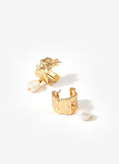 Gold Tone Textured Pearl Drop Earrings