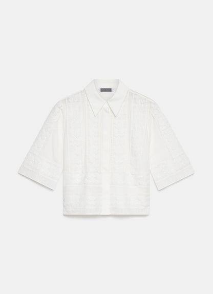 White Crochet Butterfly Trim Cropped Shirt