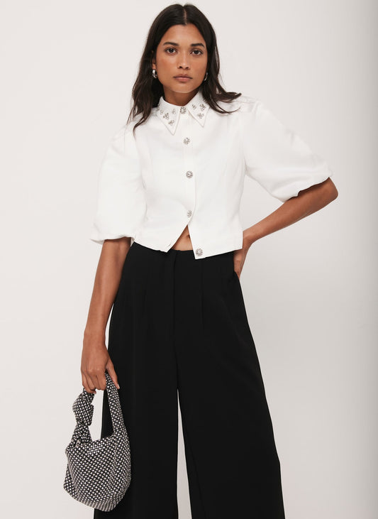 White Embellished Collar Cropped Shirt