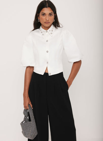 White Embellished Collar Cropped Shirt