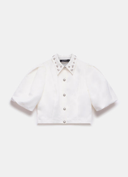 White Embellished Collar Cropped Shirt