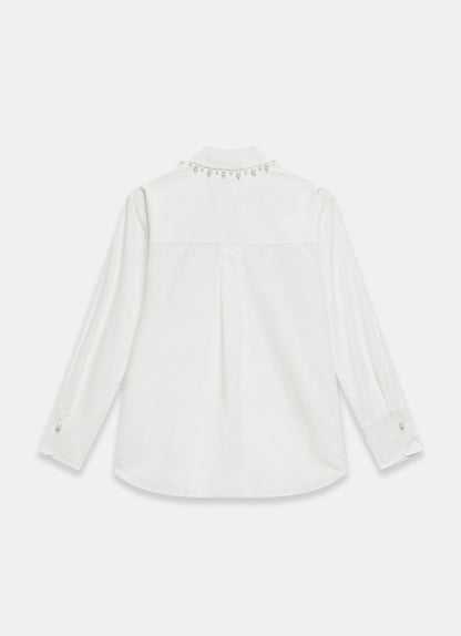 White Cotton Blend Pearl Collar Shirt