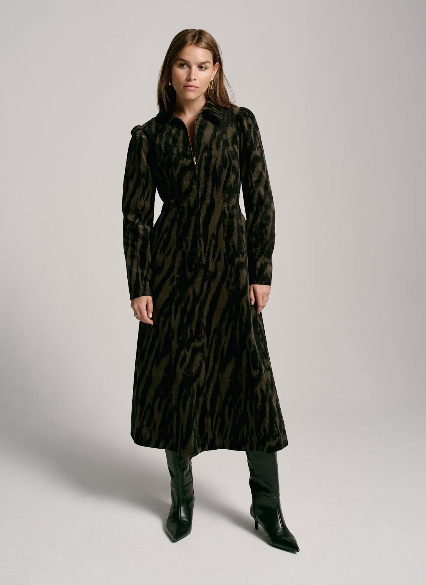 Khaki Zebra Print Corduroy Midi Dress