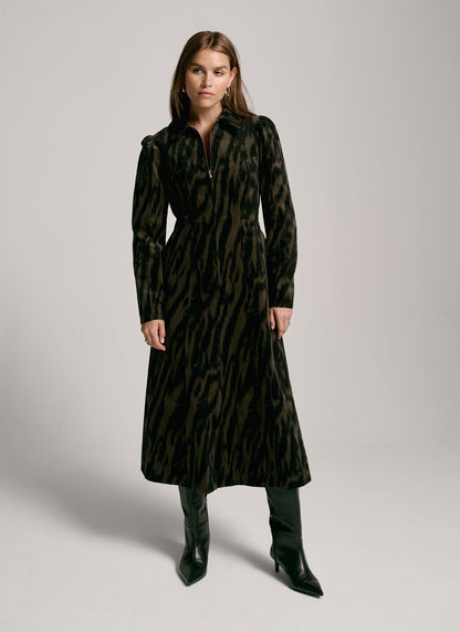 Khaki Zebra Print Corduroy Midi Dress