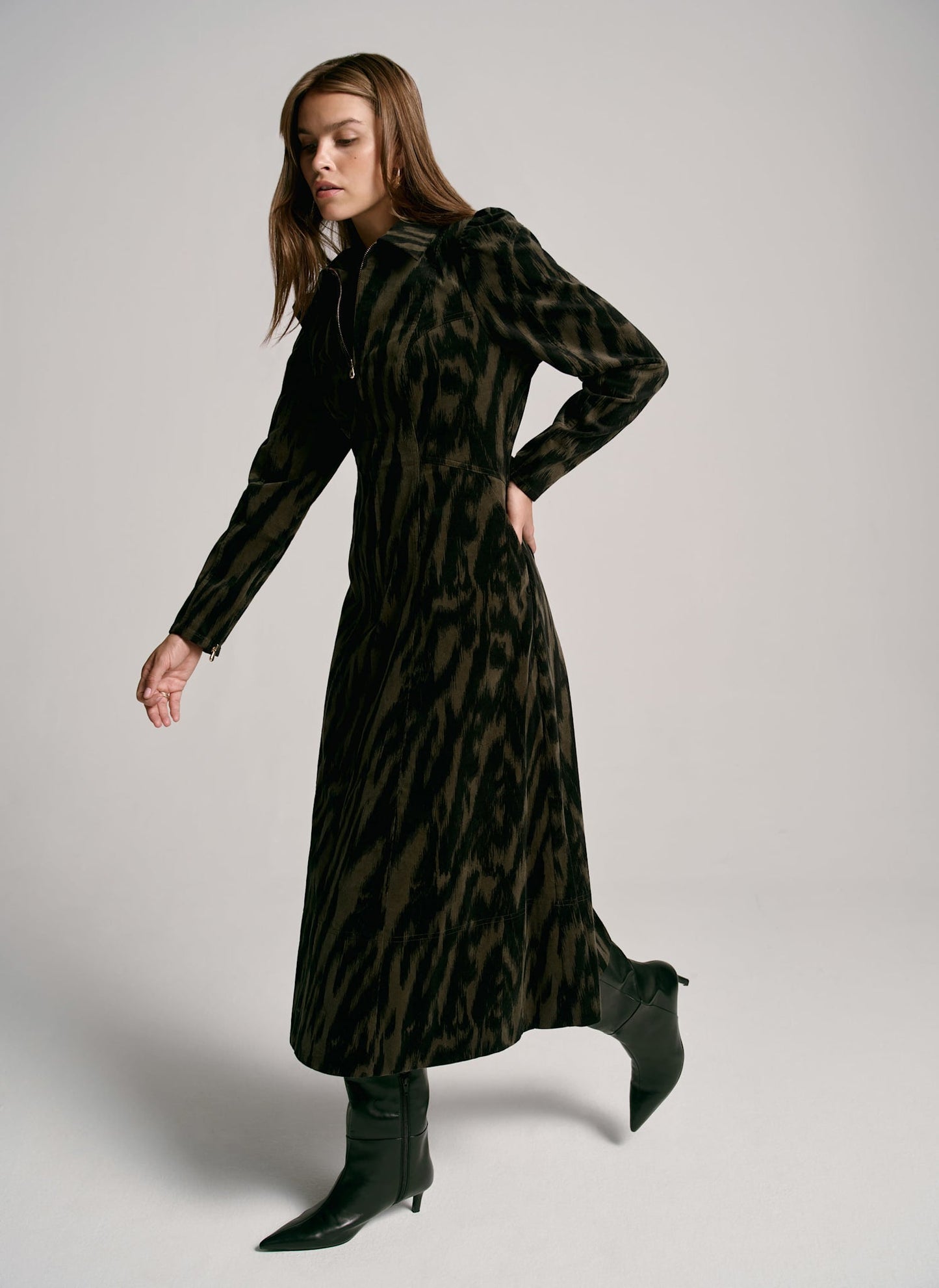 Khaki Zebra Print Corduroy Midi Dress