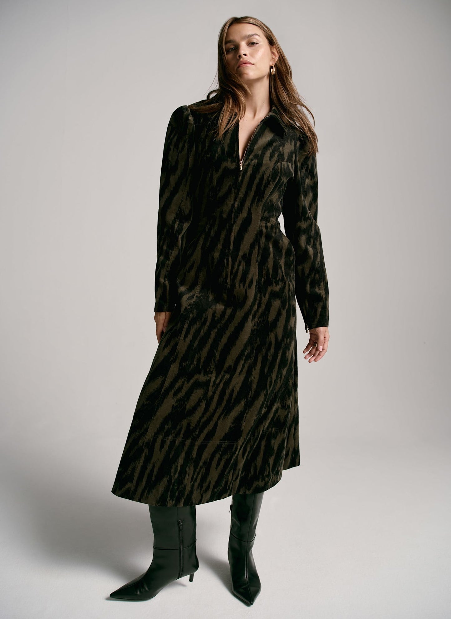 Khaki Zebra Print Corduroy Midi Dress