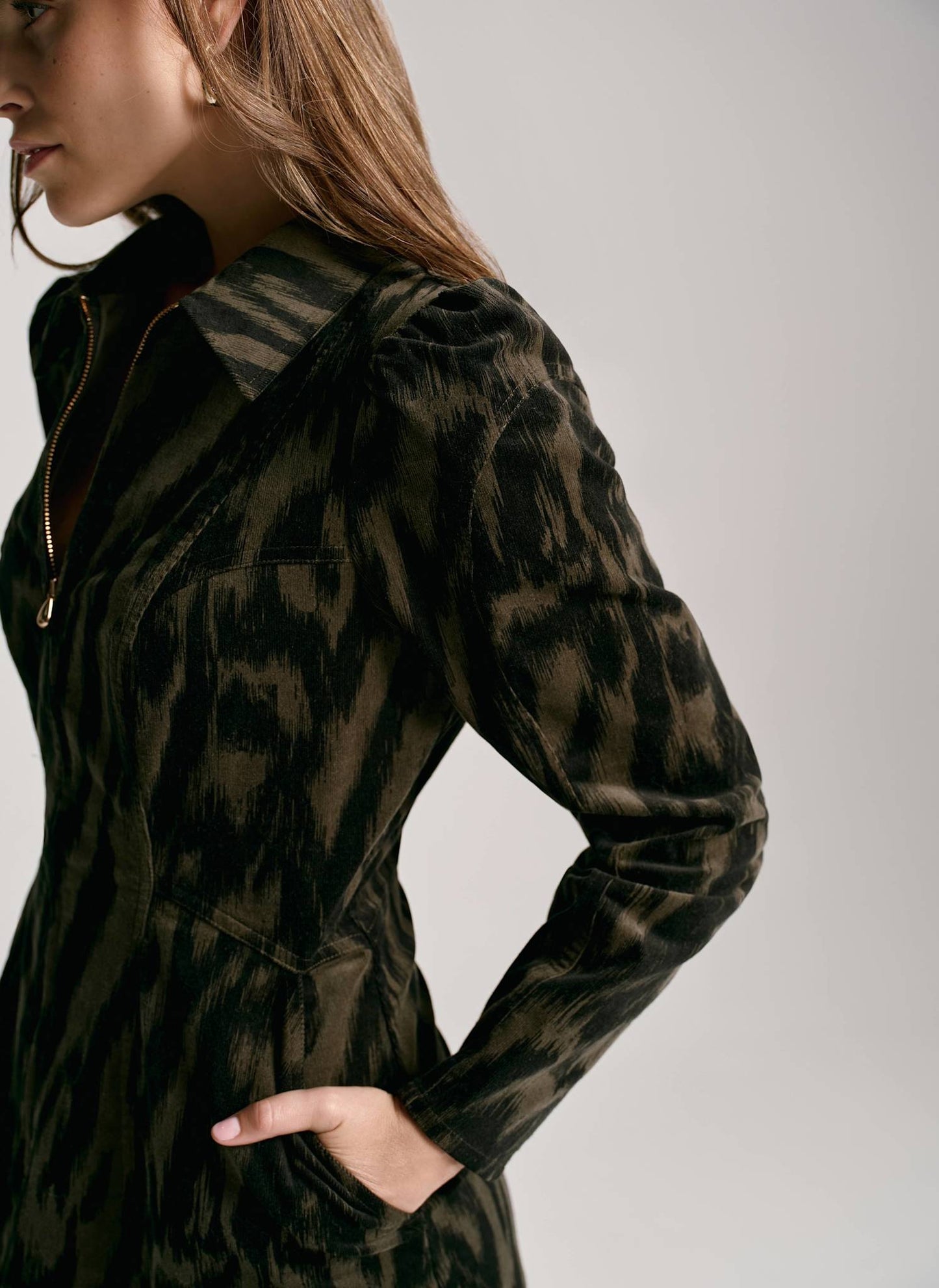 Khaki Zebra Print Corduroy Midi Dress