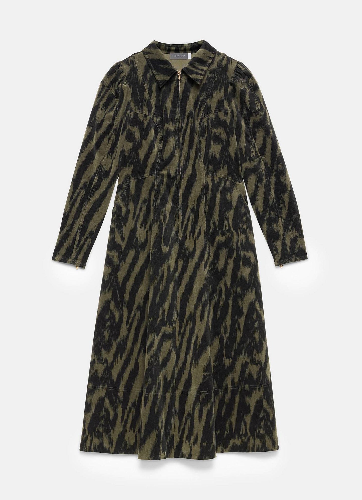 Khaki Zebra Print Corduroy Midi Dress