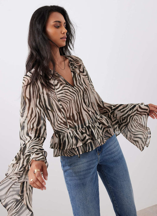 Black Zebra Print Ruffle Top